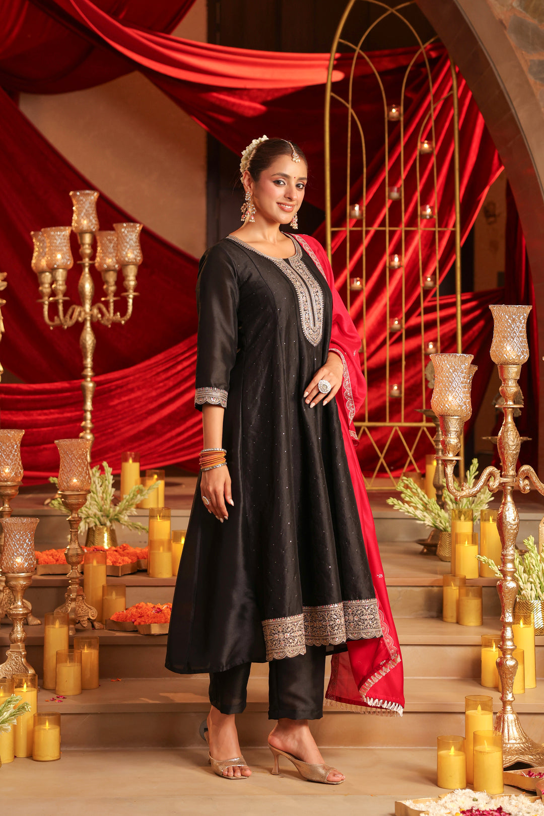 Floral Embroidered A-Line Pure Silk Kurta & Trousers Sets
