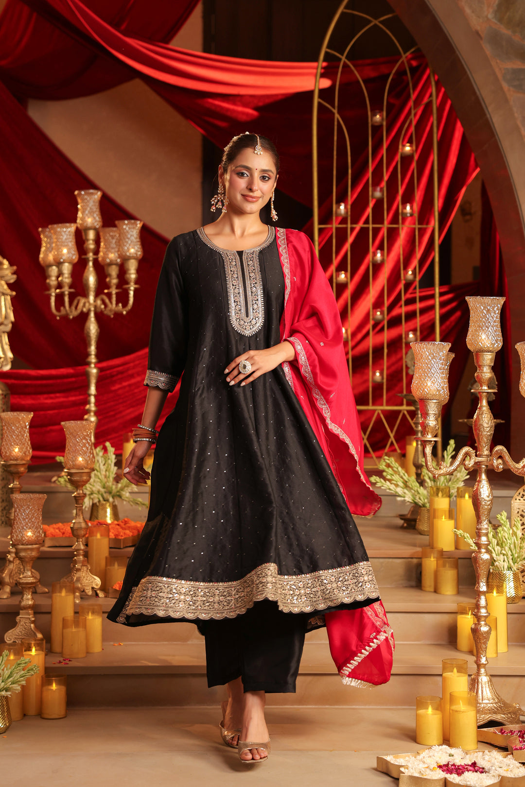 Floral Embroidered A-Line Pure Silk Kurta & Trousers Sets