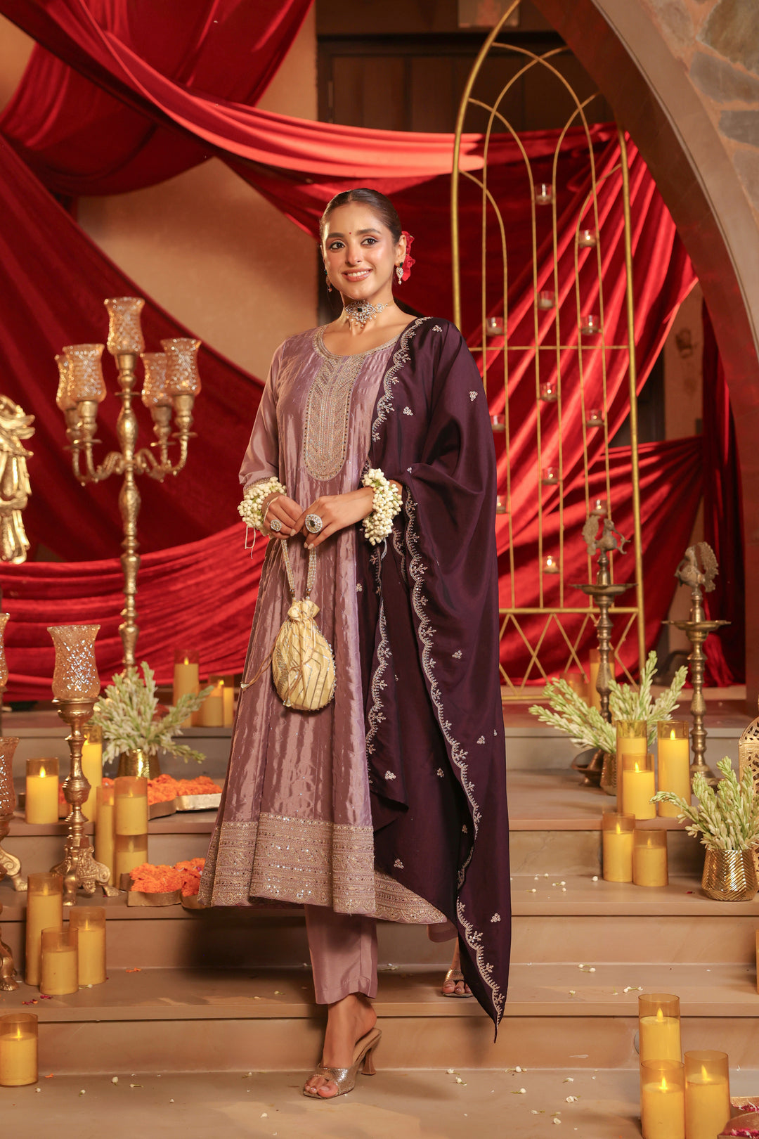 Floral Embroidered A-Line Pure Silk Kurta & Trousers Sets
