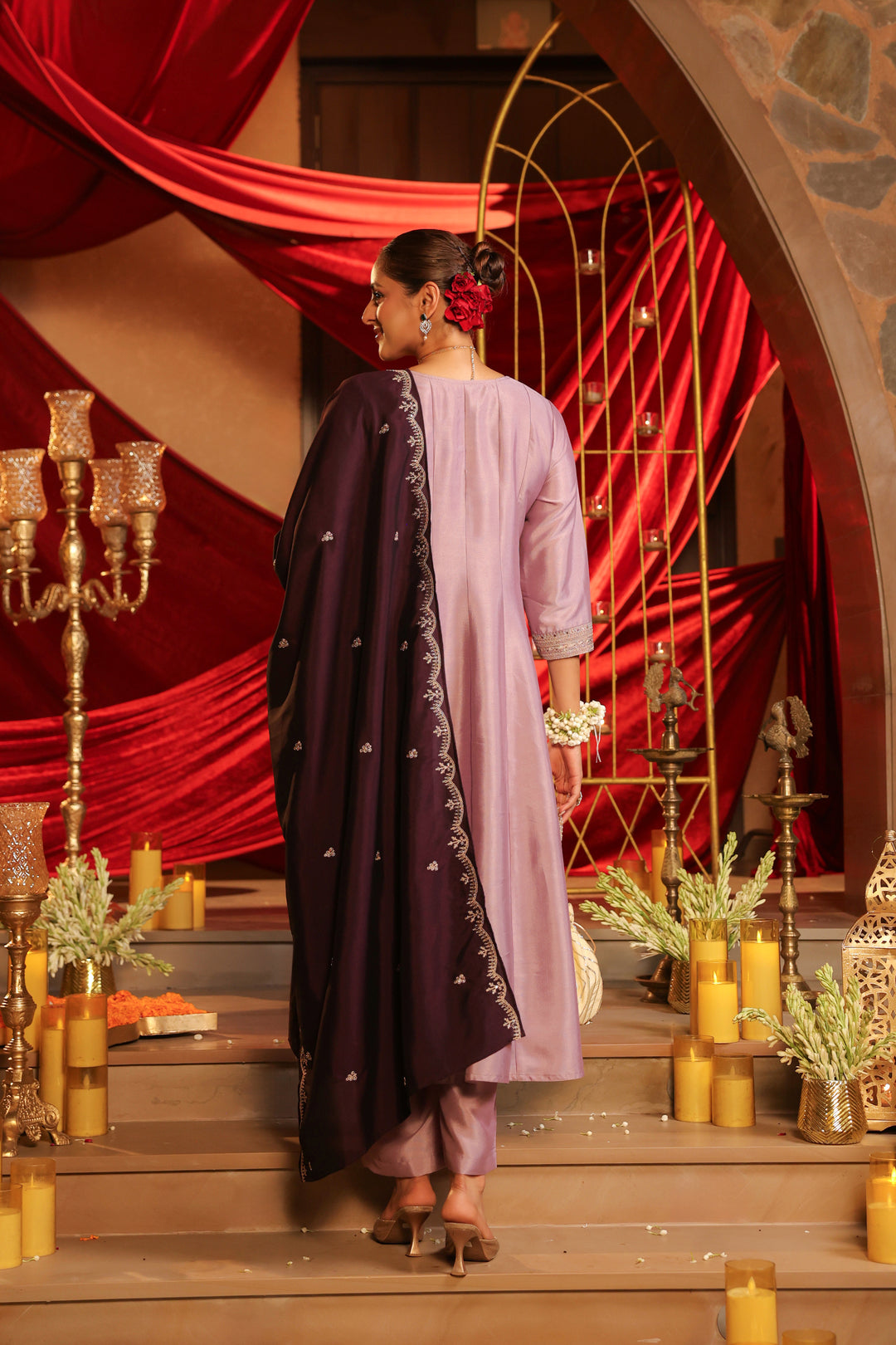 Floral Embroidered A-Line Pure Silk Kurta & Trousers Sets