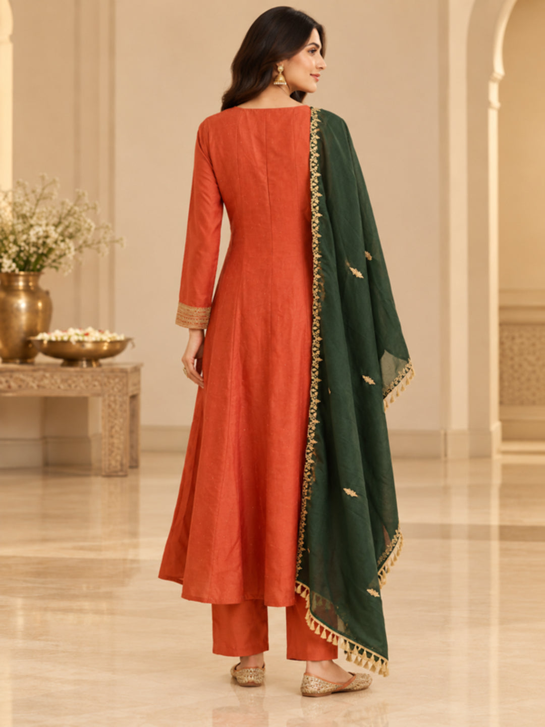 Floral Embroidered Straight Polki Silk Kurta & Trousers Sets