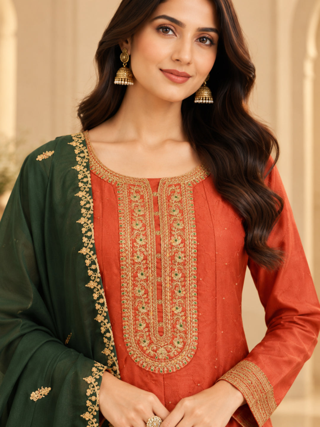 Floral Embroidered Straight Polki Silk Kurta & Trousers Sets