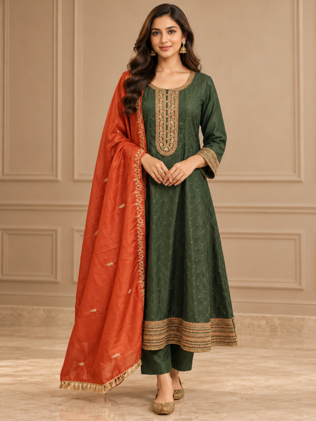 Floral Embroidered Straight Polki Silk Kurta & Trousers Sets