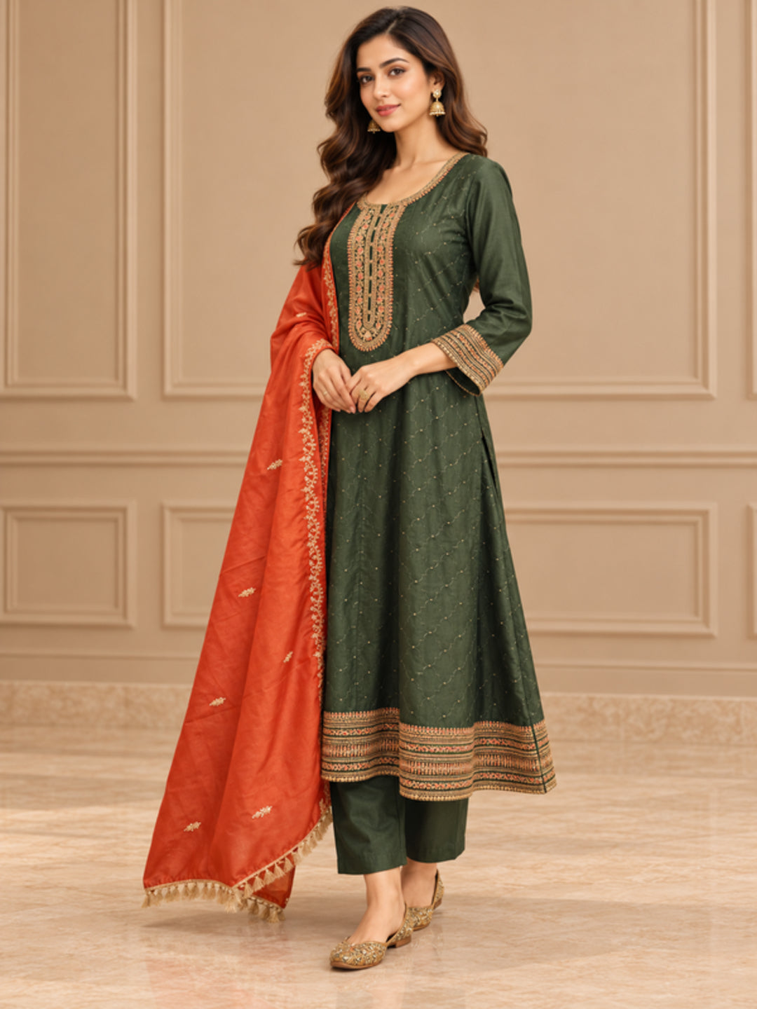 Floral Embroidered Straight Polki Silk Kurta & Trousers Sets
