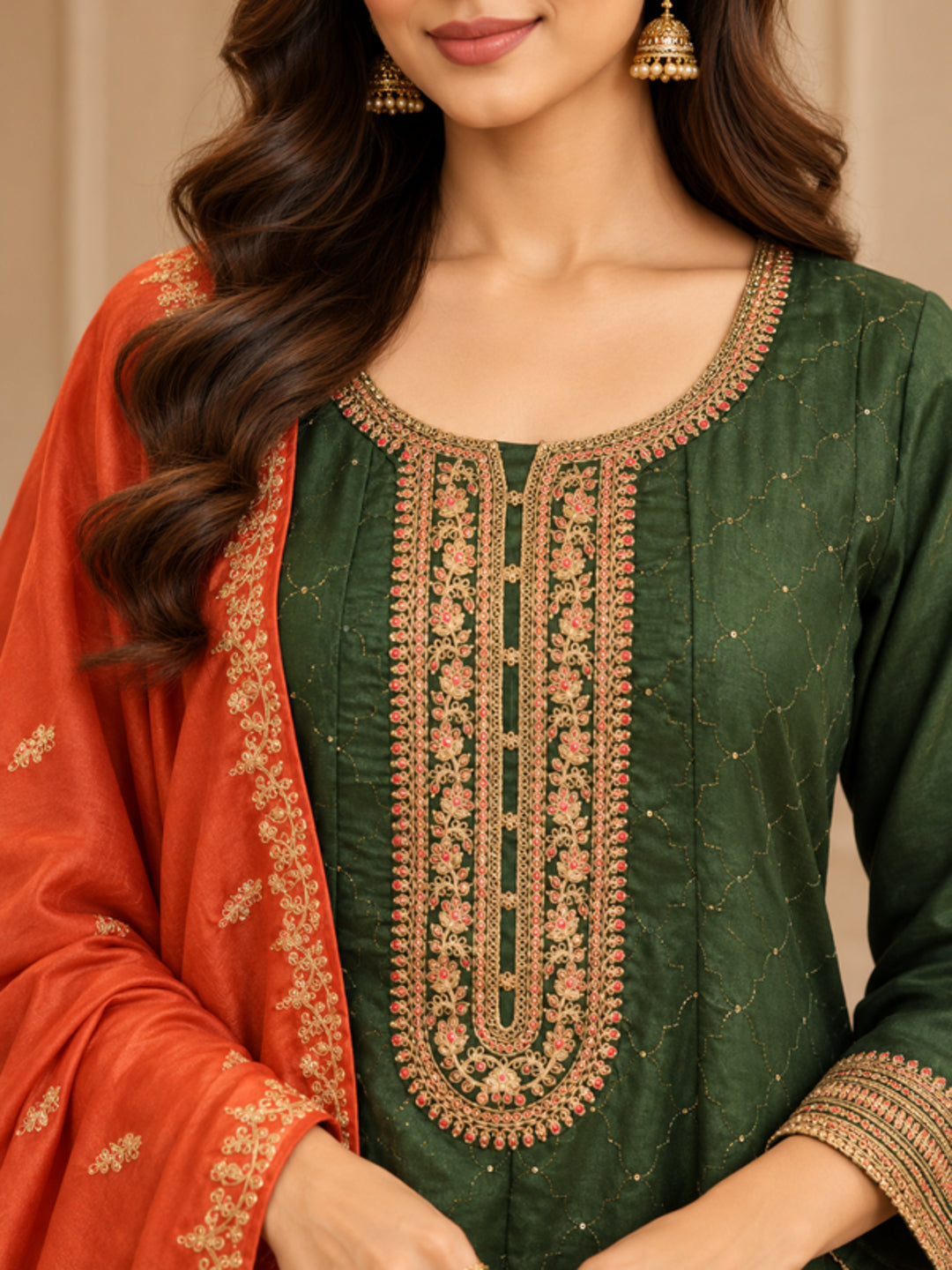 Floral Embroidered Straight Polki Silk Kurta & Trousers Sets