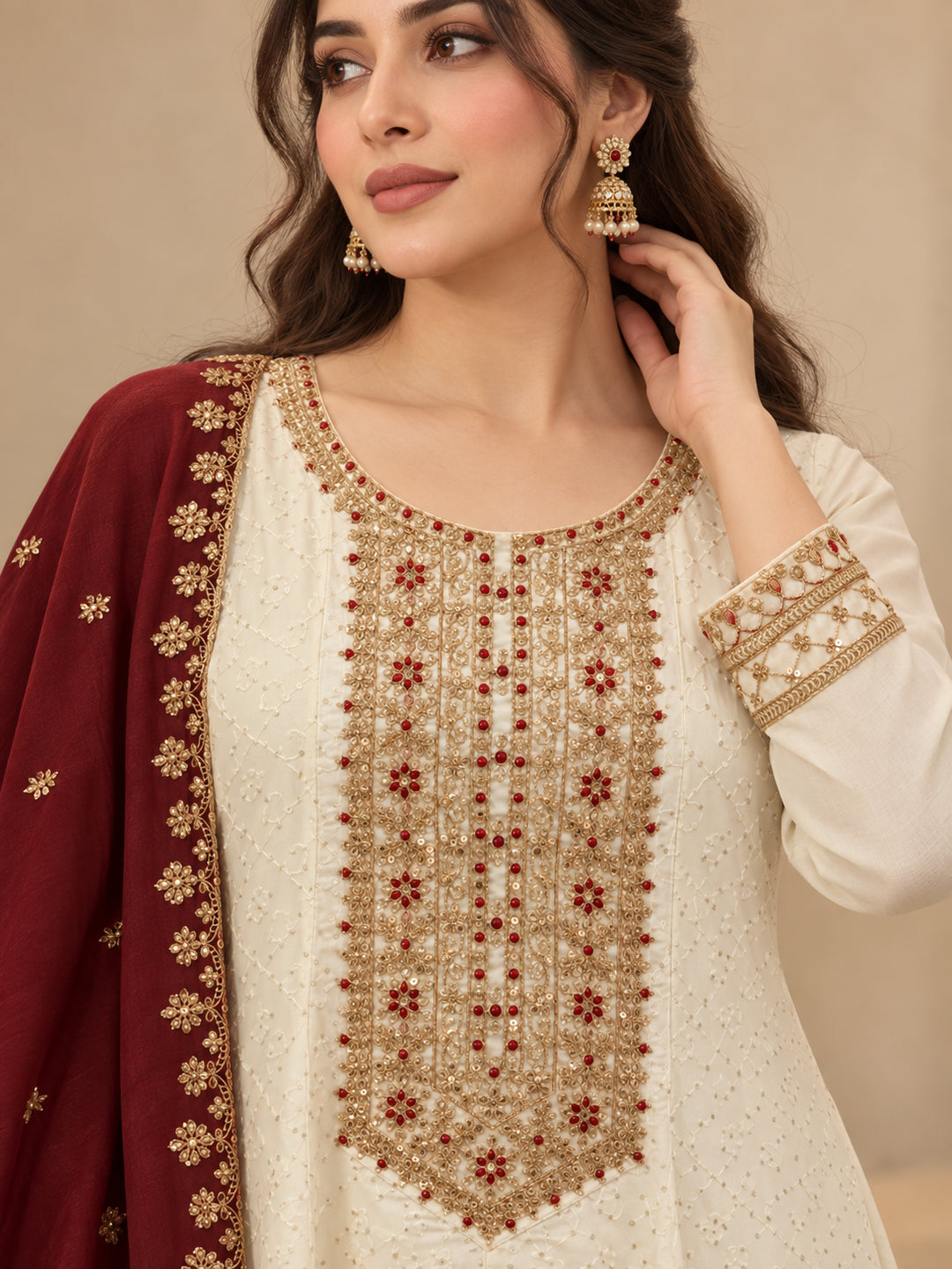 Floral Embroidered A-Line Polki Silk Kurta & Trousers Sets