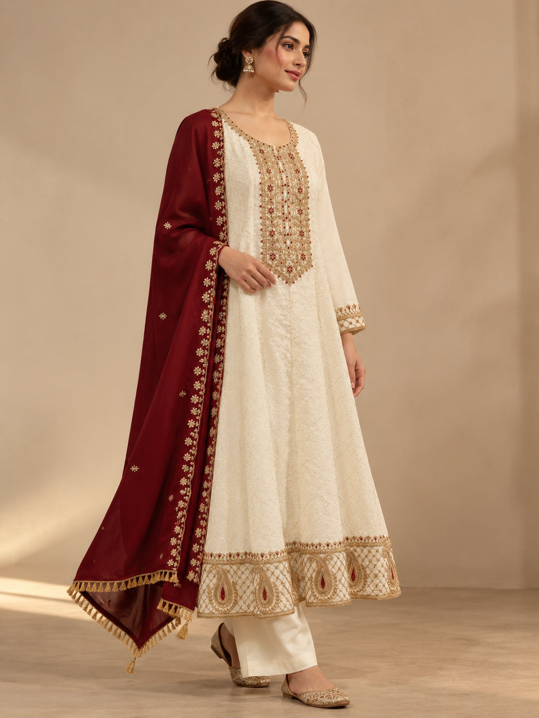 Floral Embroidered A-Line Polki Silk Kurta & Trousers Sets