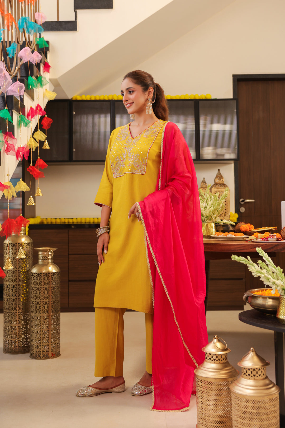 Floral Embroidered Straight Kurta & Trousers Sets