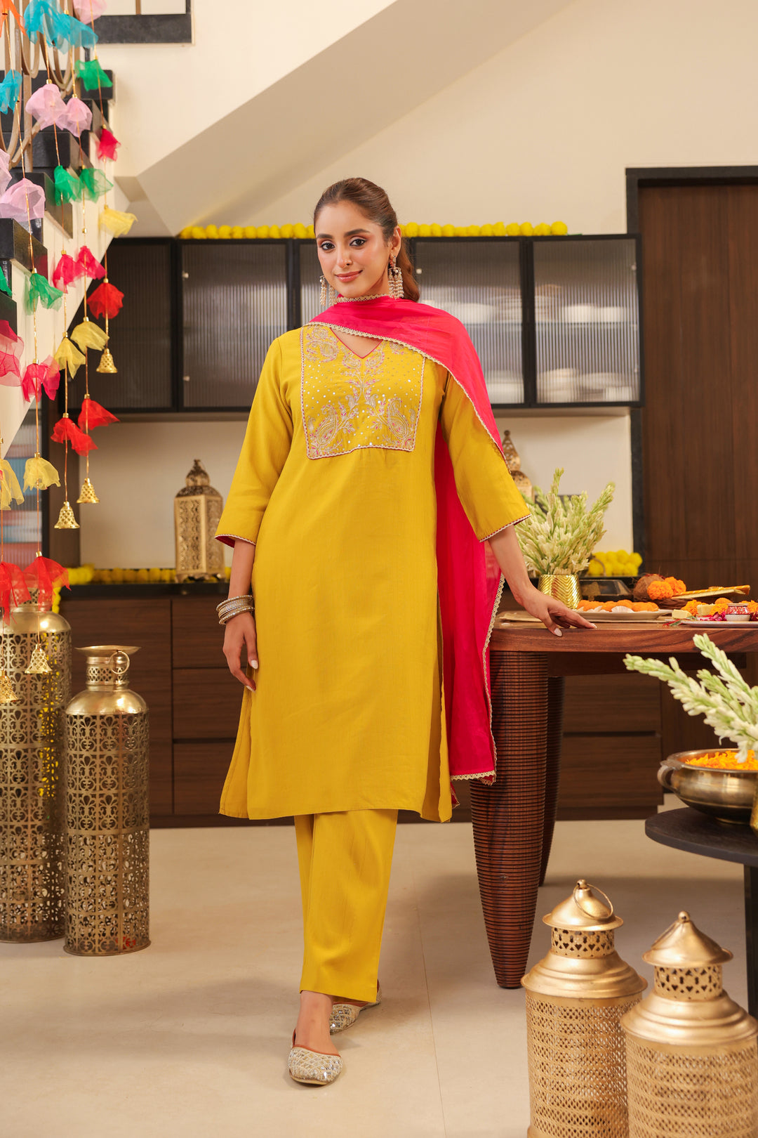 Floral Embroidered Straight Kurta & Trousers Sets