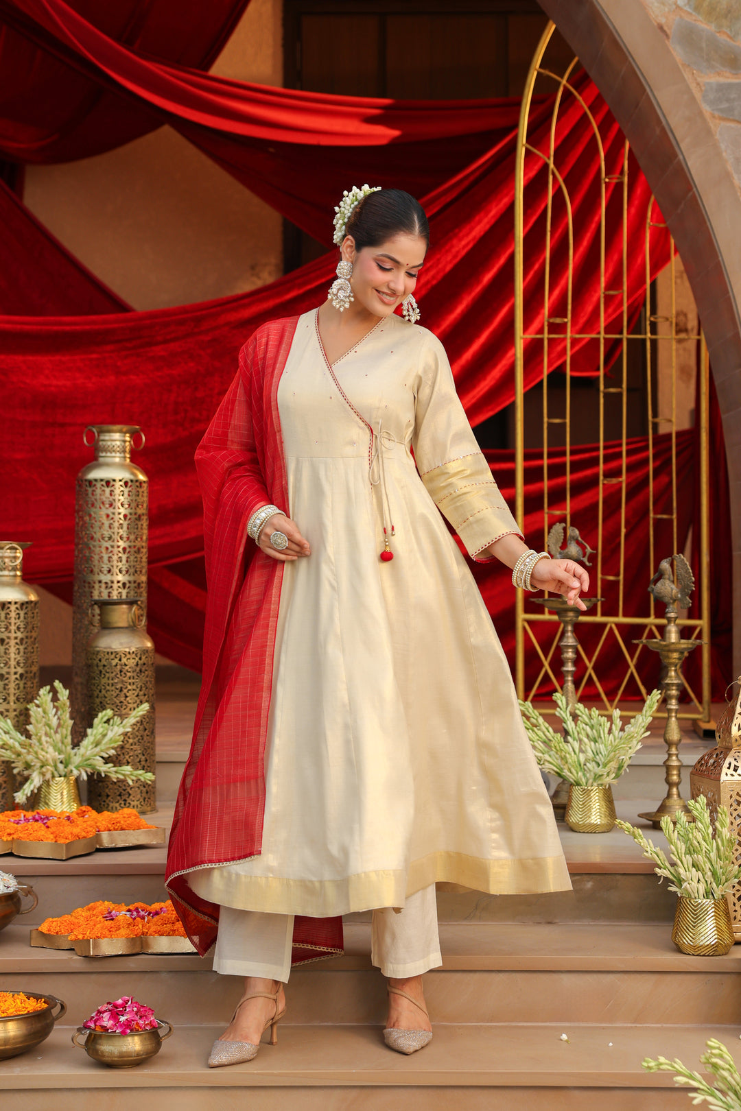 Floral Embroidered Straight Silk Blend Kurta & Trousers Sets