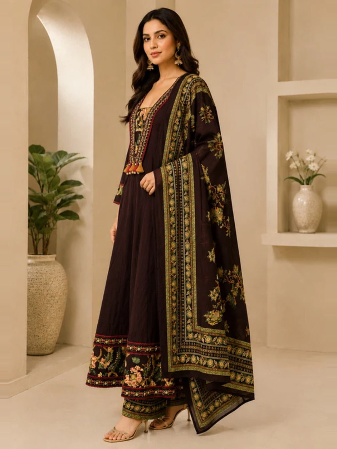 Floral Embroidered A-Line Pure Cotton Kurta & Palazzos Sets