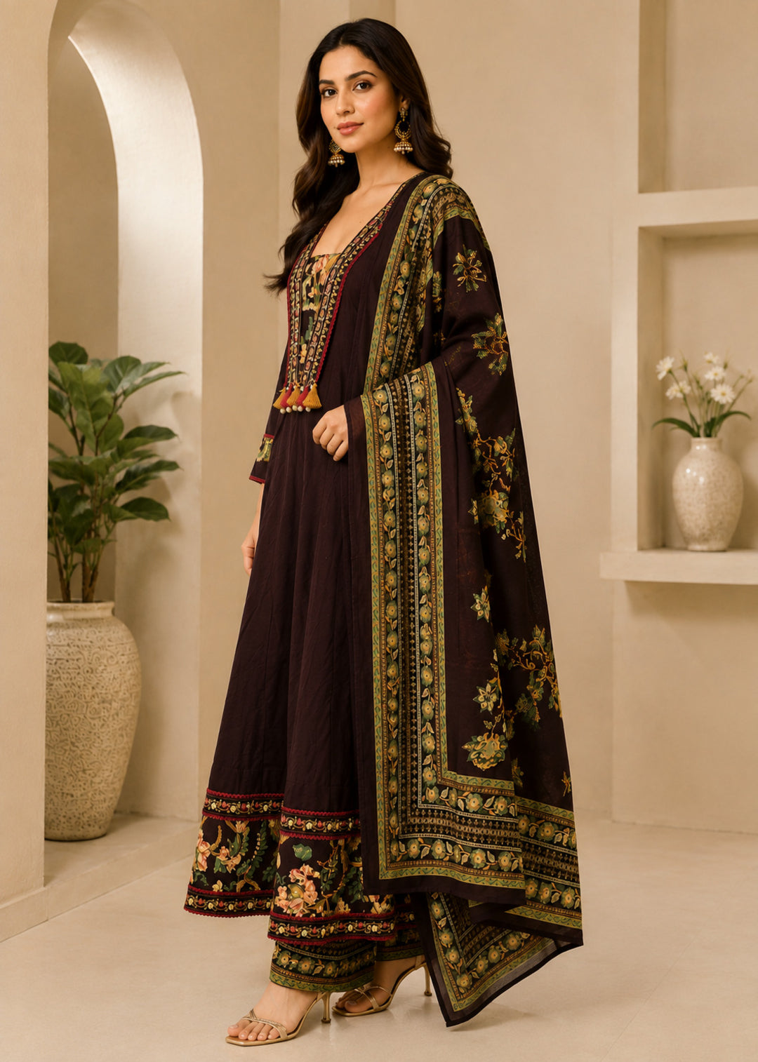 Floral Embroidered A-Line Pure Cotton Kurta & Palazzos Sets