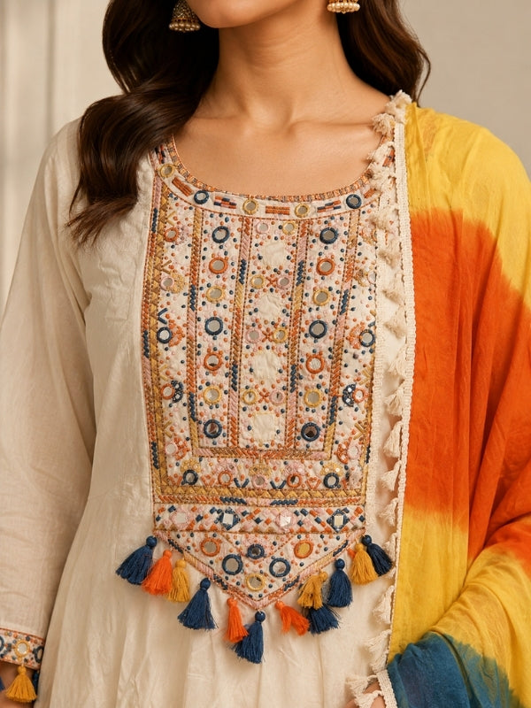 Solid Embroidered A-Line Pure Cotton Kurta & Palazzos Sets