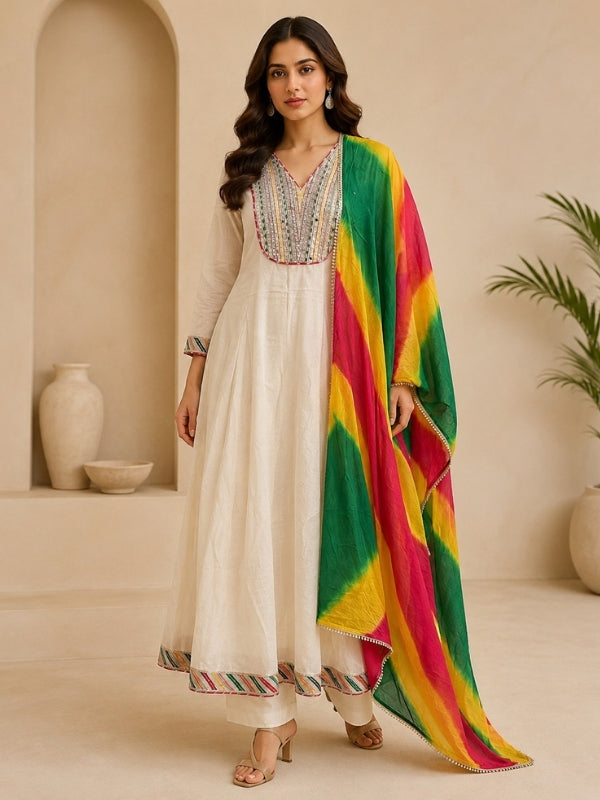 Solid Embroidered A-Line Pure Cotton Kurta & Palazzos Sets