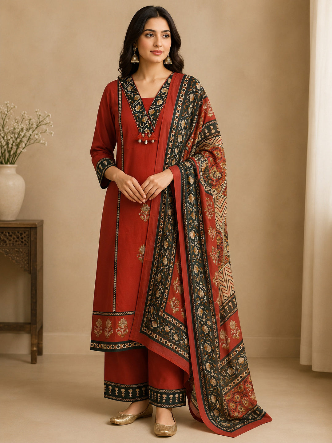 Floral Embroidered A-Line Pure Cotton Kurta & Palazzos Sets