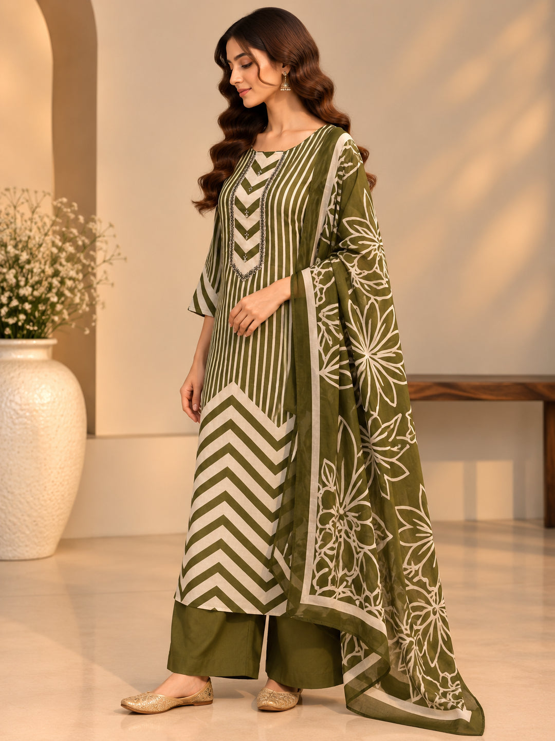 Floral Embroidered Straight Cotton Kurta & Trousers Sets