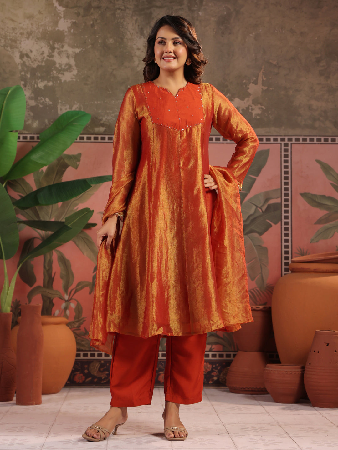 Solid A-Line Tissue Silk Kurta & Palazzos Sets
