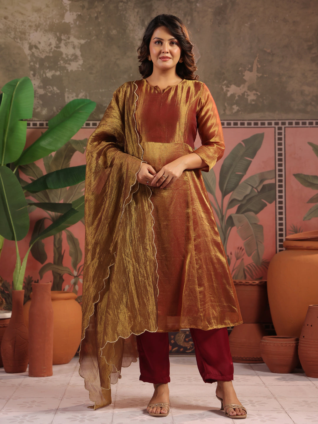 Solid A-Line Tissue Silk Kurta & Palazzos Sets
