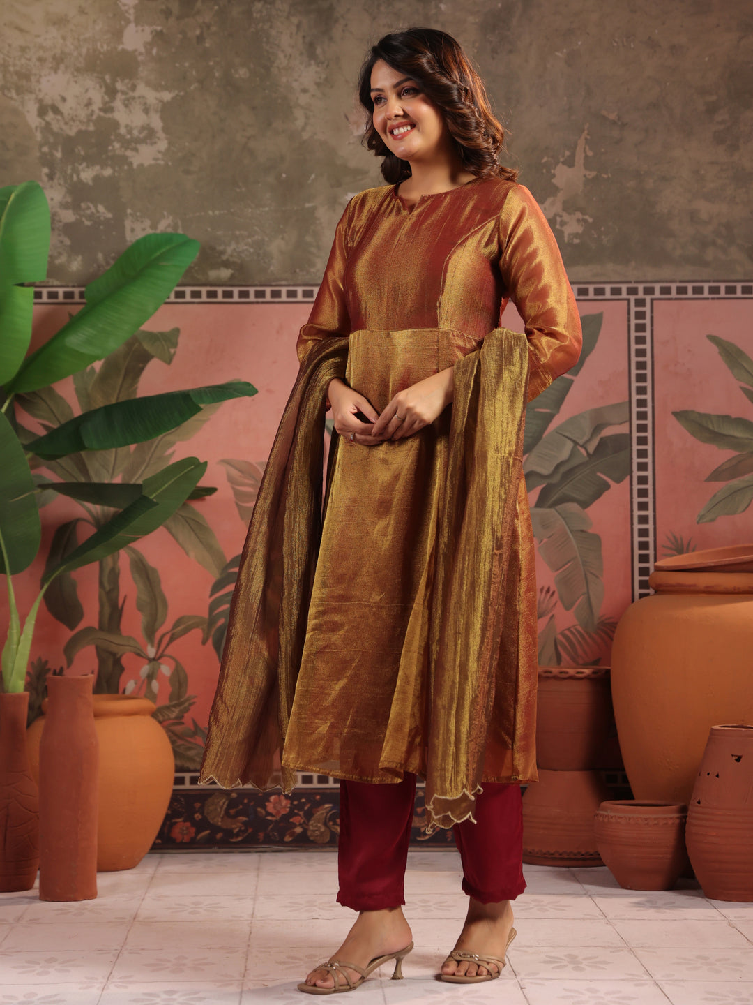 Solid A-Line Tissue Silk Kurta & Palazzos Sets