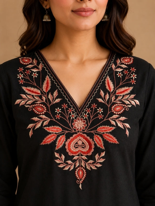 Floral Embroidered Straight Pure Cotton Kurta