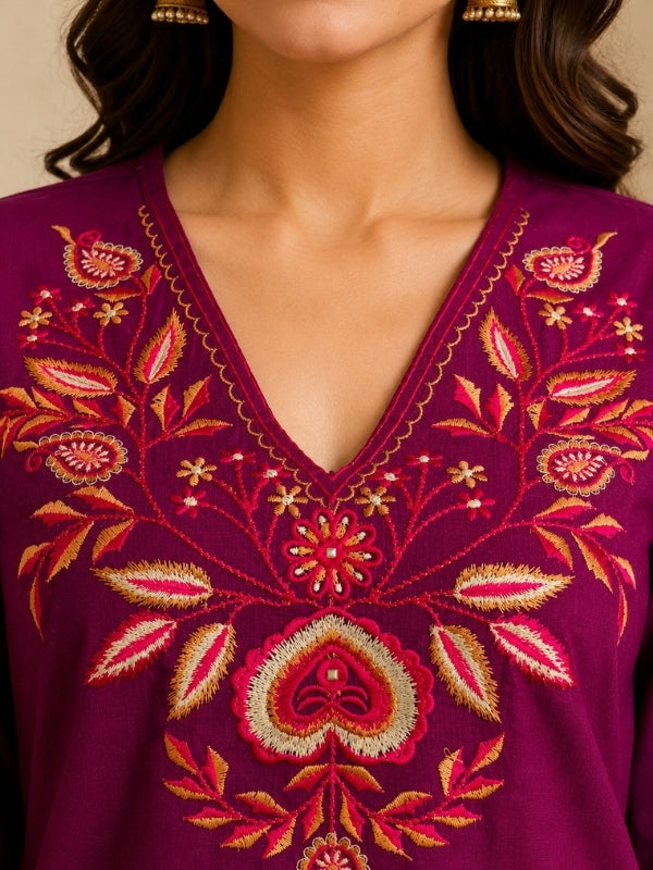 Floral Embroidered Straight Pure Cotton Kurta