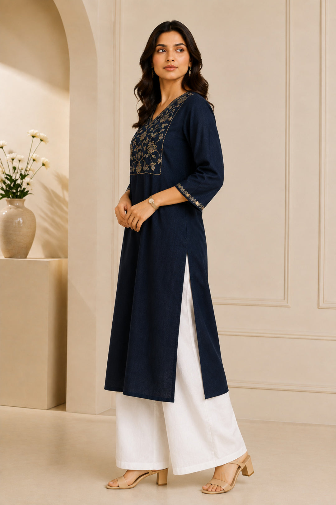 Floral Embroidered Straight Viscose Rayon Kurta