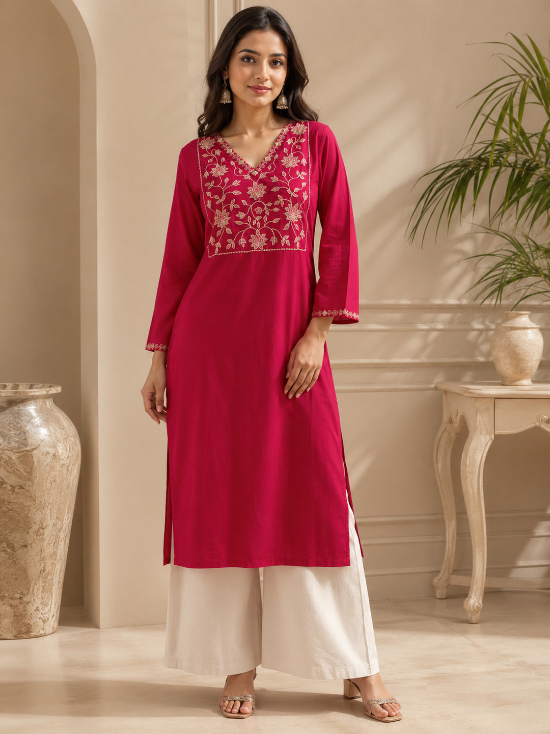 Floral Embroidered Straight Viscose Rayon Kurta