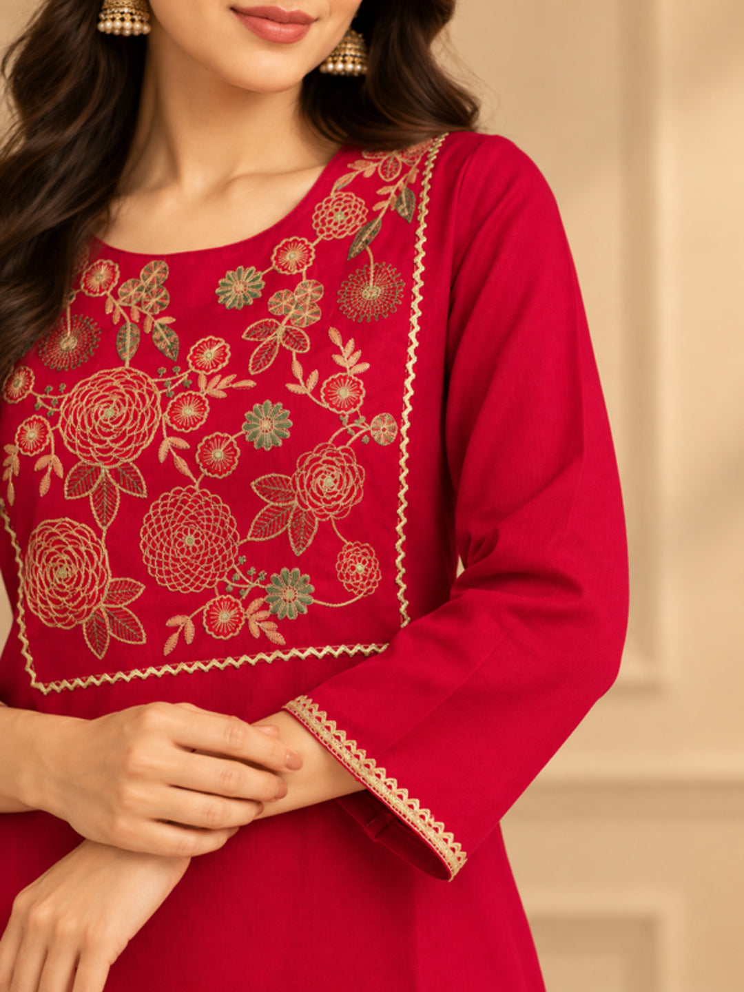 Floral Embroidered Straight Silk Blend Kurta