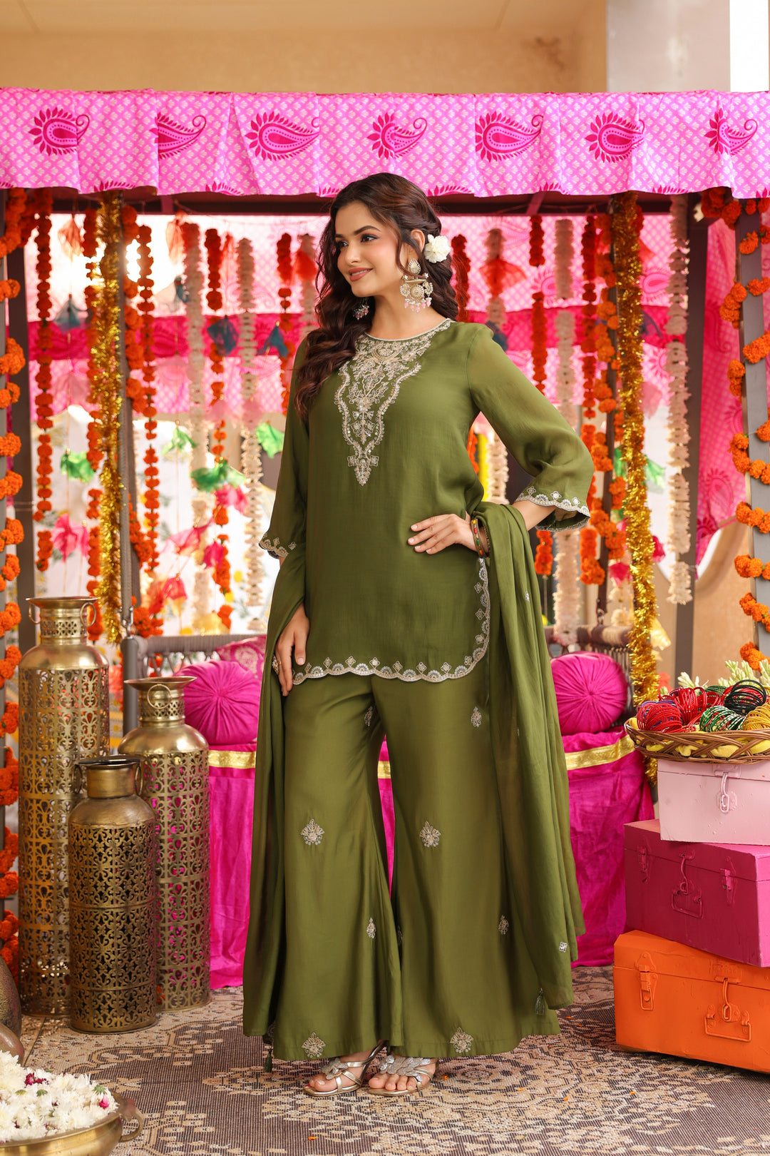 Floral Embroidered Straight Chanderi Silk Kurta & Sharara Sets