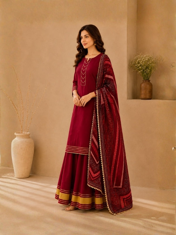 Floral Embroidered Straight Kurta & Skirt Sets