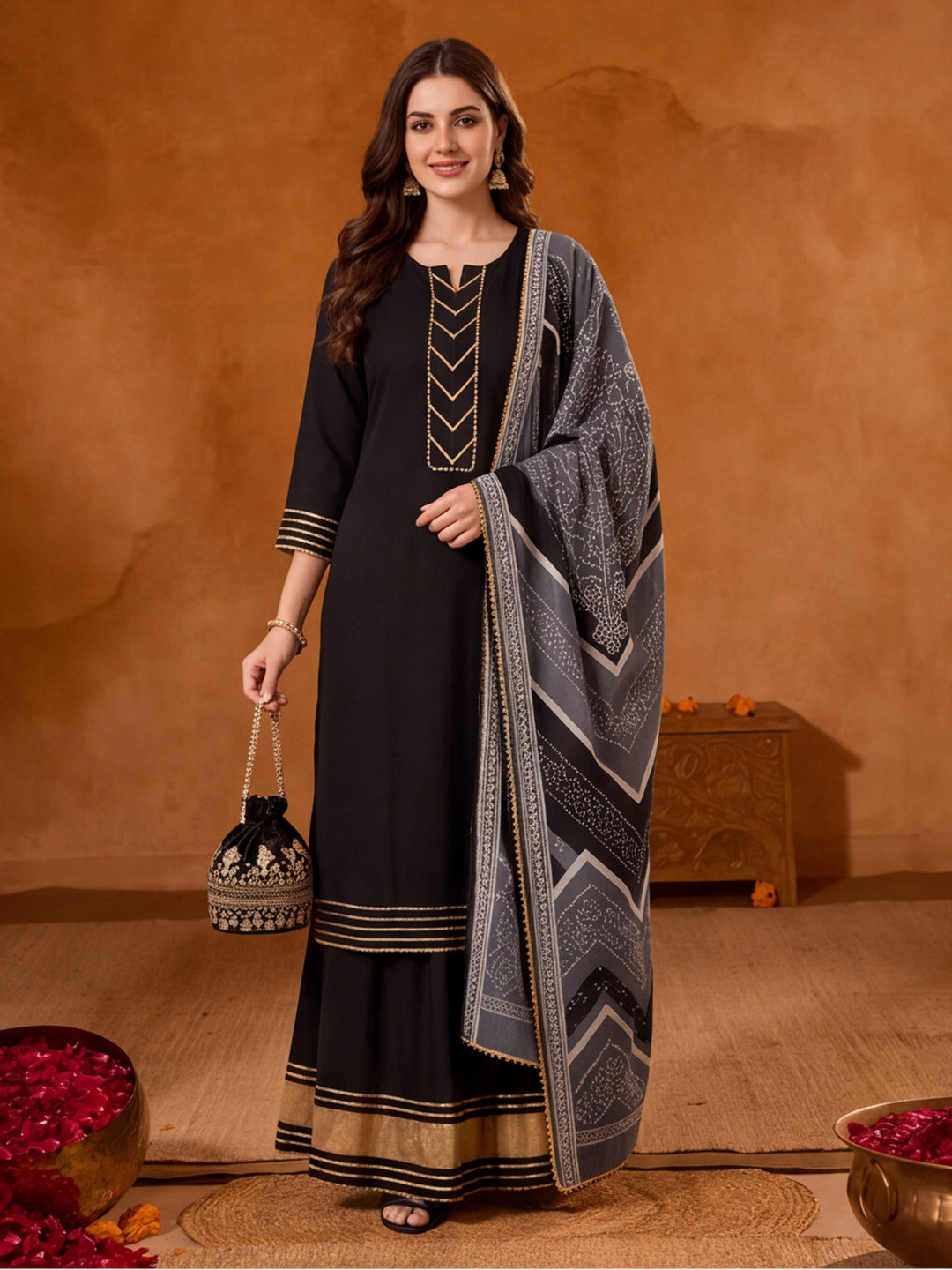 Floral Embroidered Straight Kurta & Skirt Sets