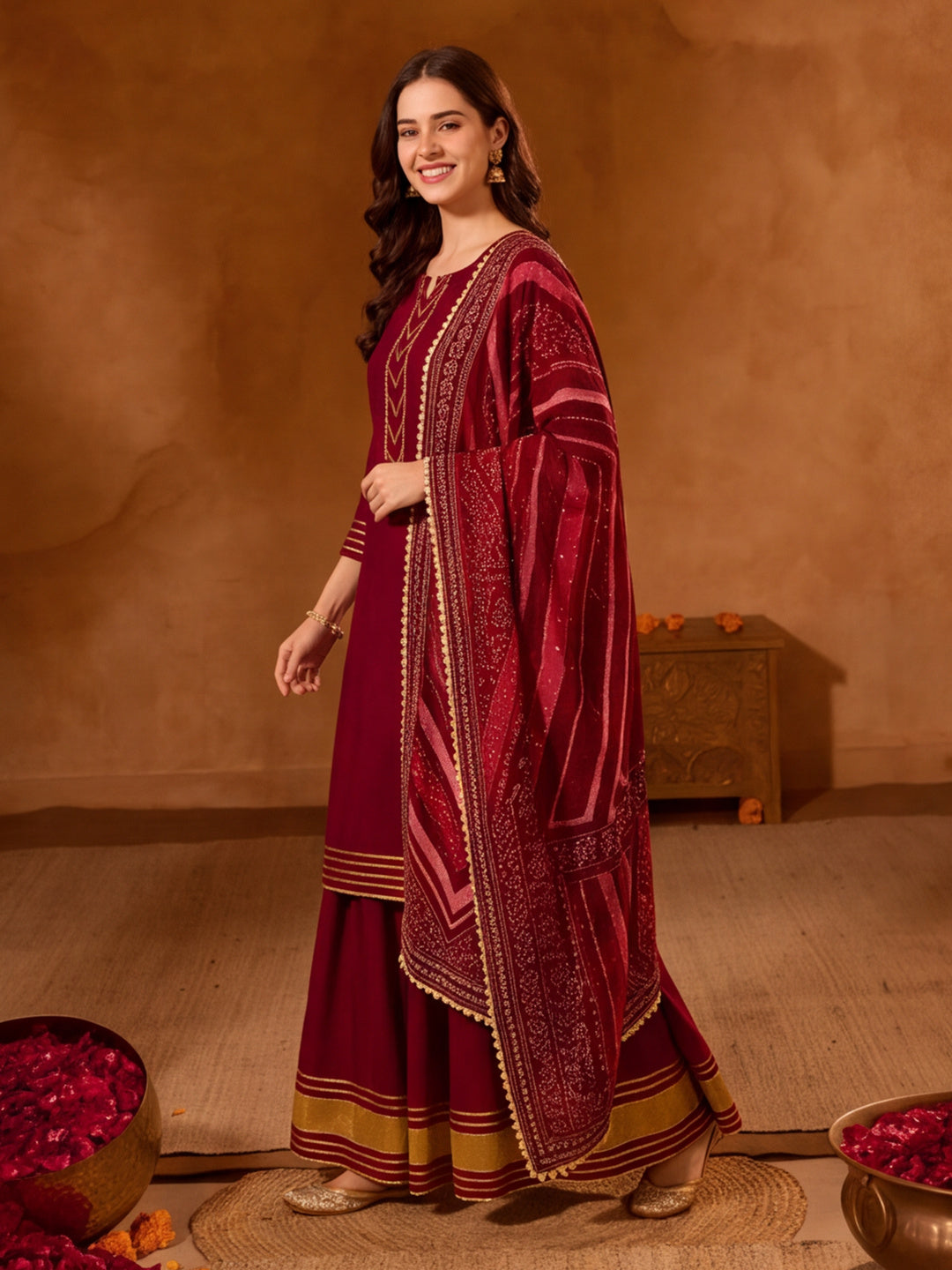 Floral Embroidered Straight Kurta & Skirt Sets