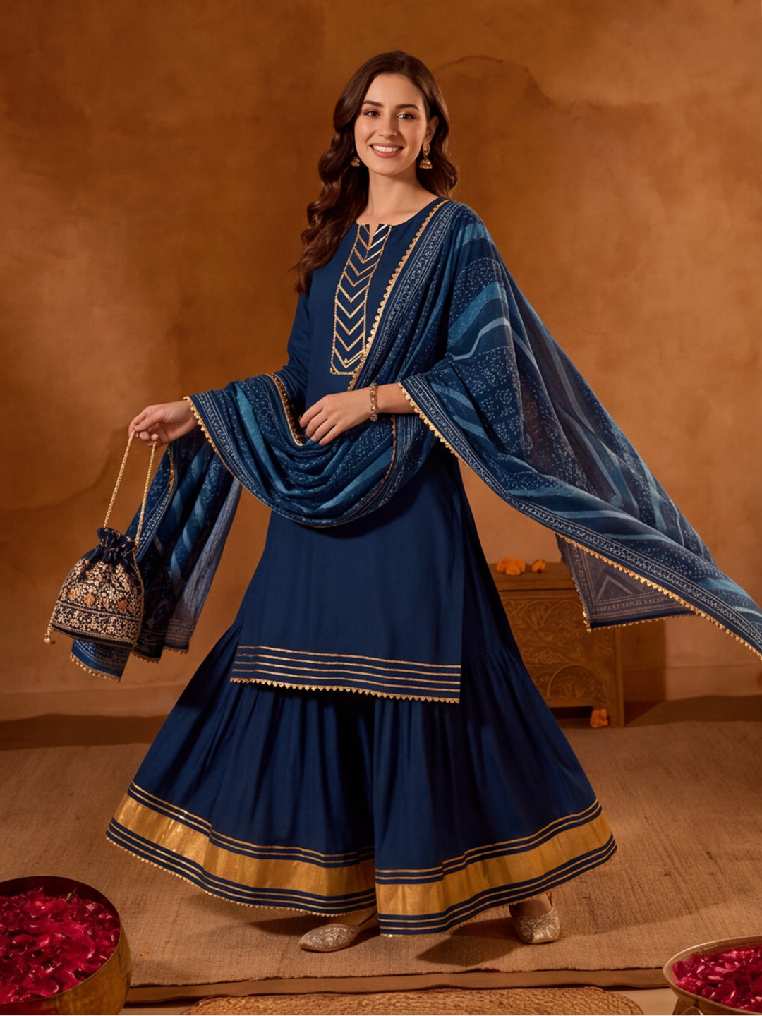 Floral Embroidered Straight Kurta & Skirt Sets