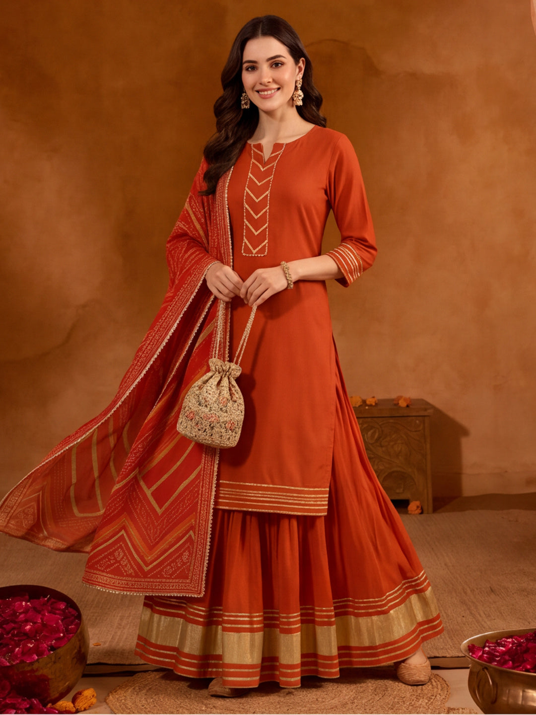 Floral Embroidered Straight Kurta & Skirt Sets