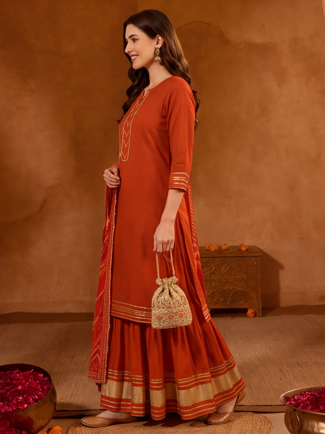 Floral Embroidered Straight Kurta & Skirt Sets
