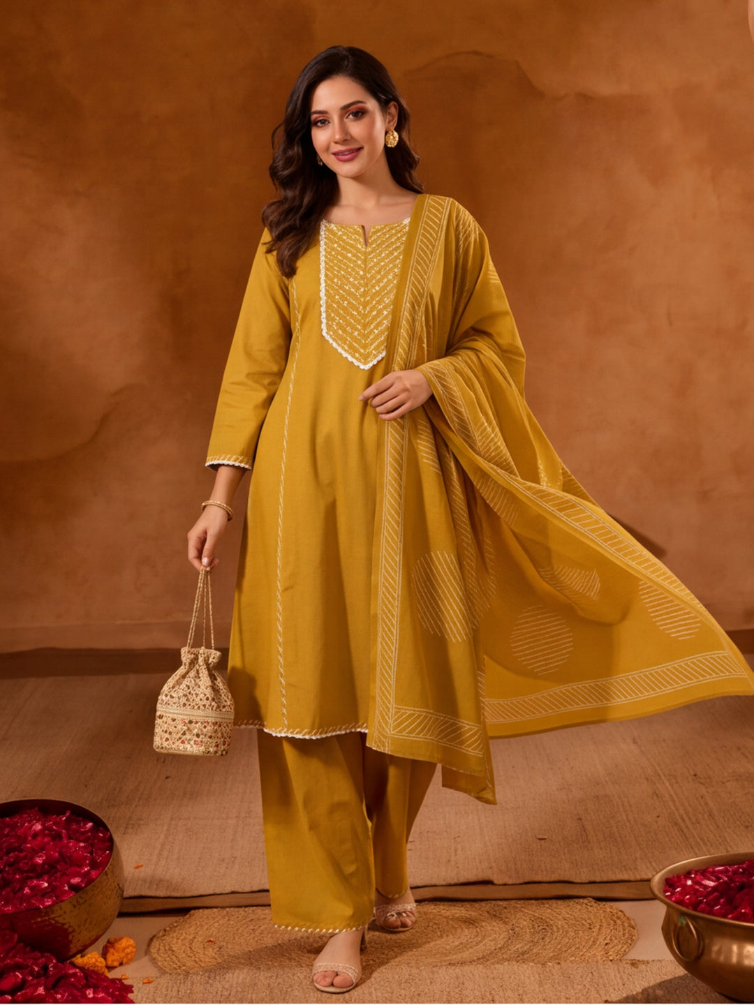 Floral Embroidered A-Line Pure Cotton Kurta & Palazzos Sets