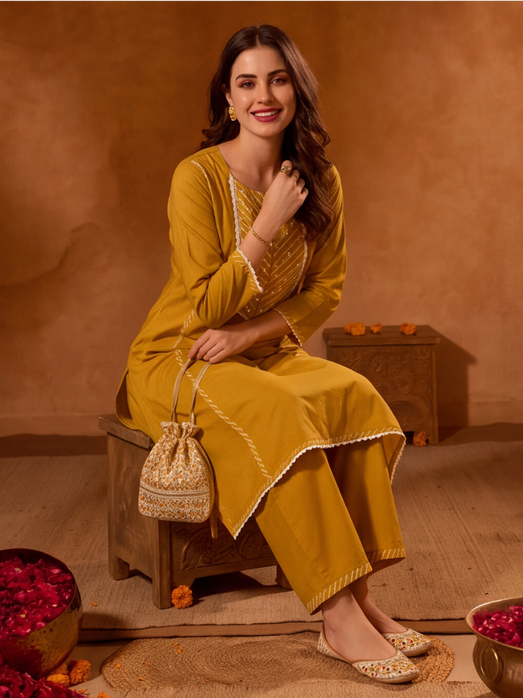 Floral Embroidered A-Line Pure Cotton Kurta & Palazzos Sets