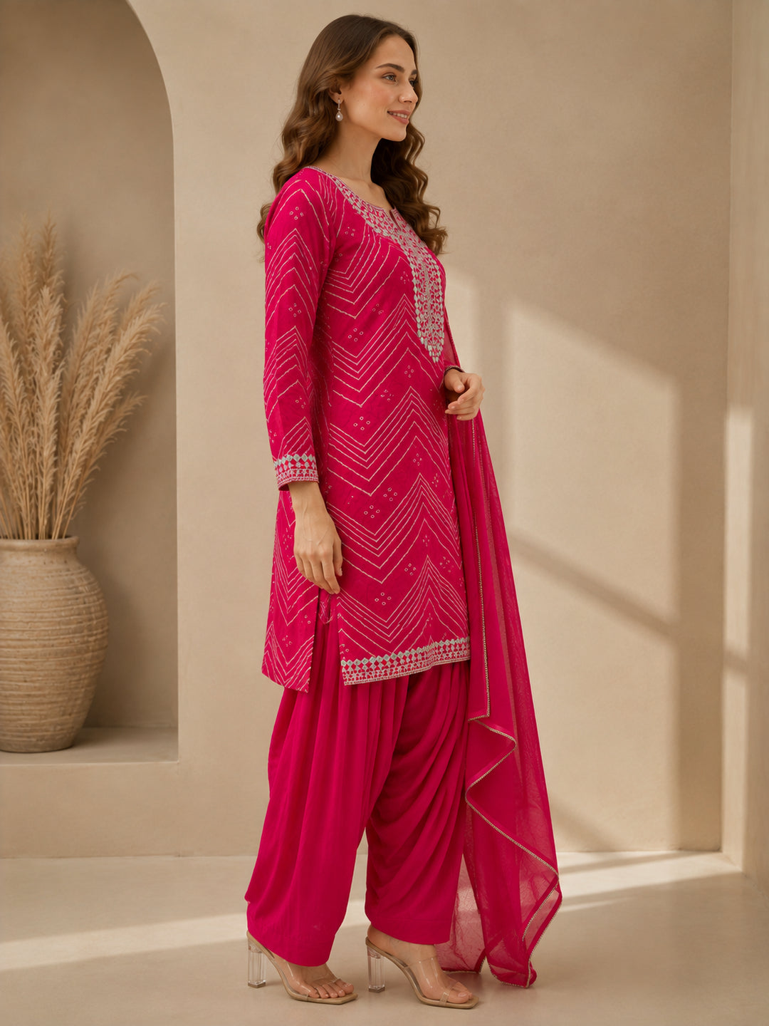 Bandhani Embroidered Straight Pure Cotton Kurta & Salwar Sets