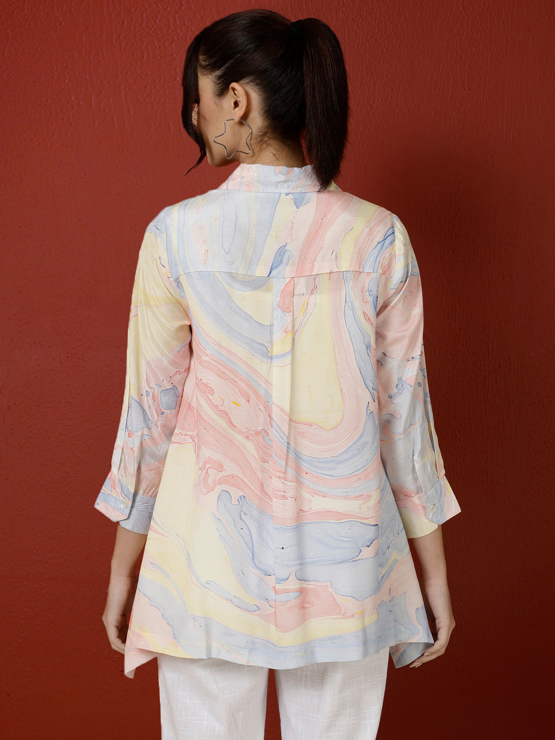 Blue Marble Print Asymmetric Shirt