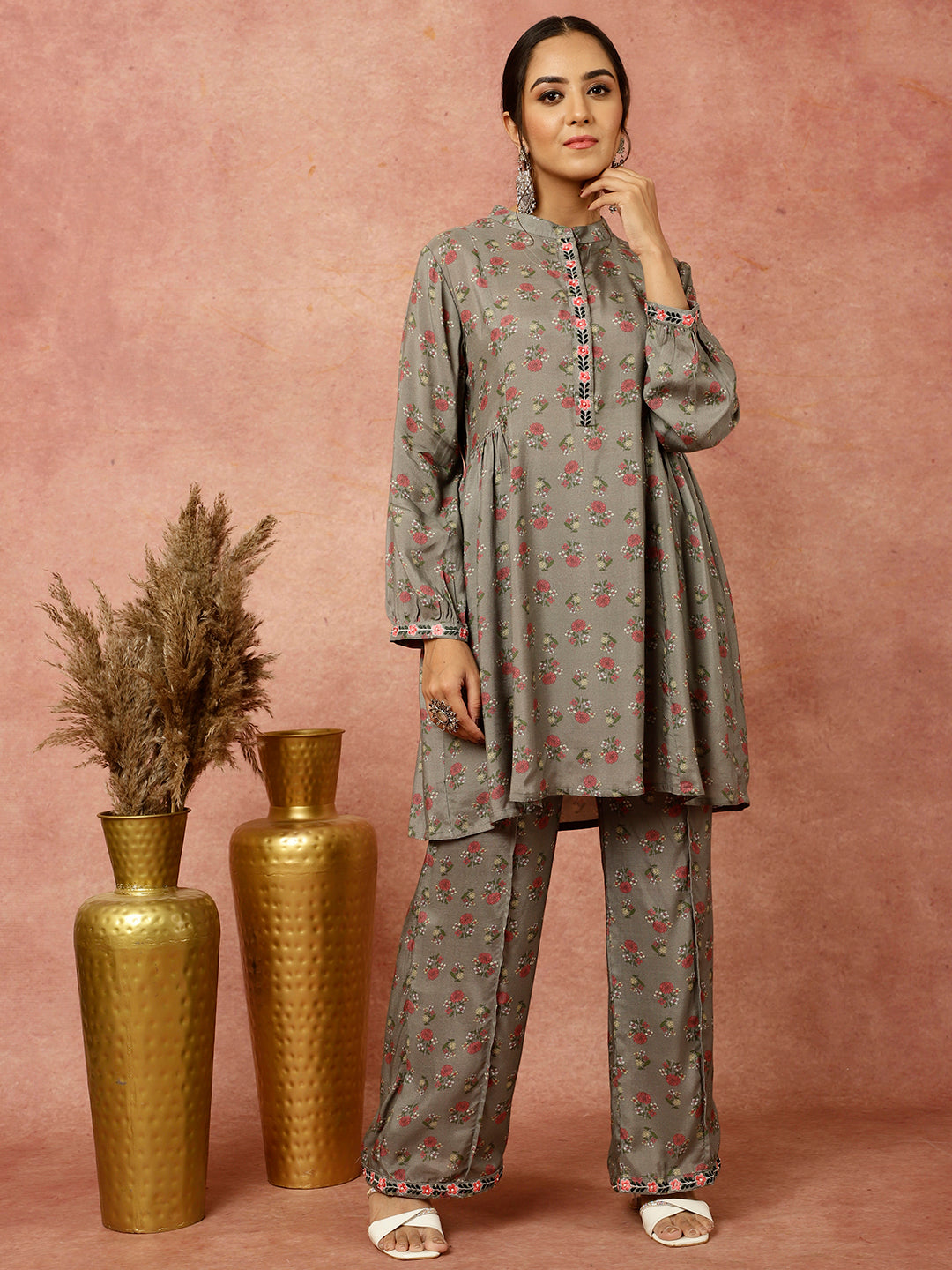 Grey Ethnic Printed Gathered Kurta With Palazzo Co-ord Set