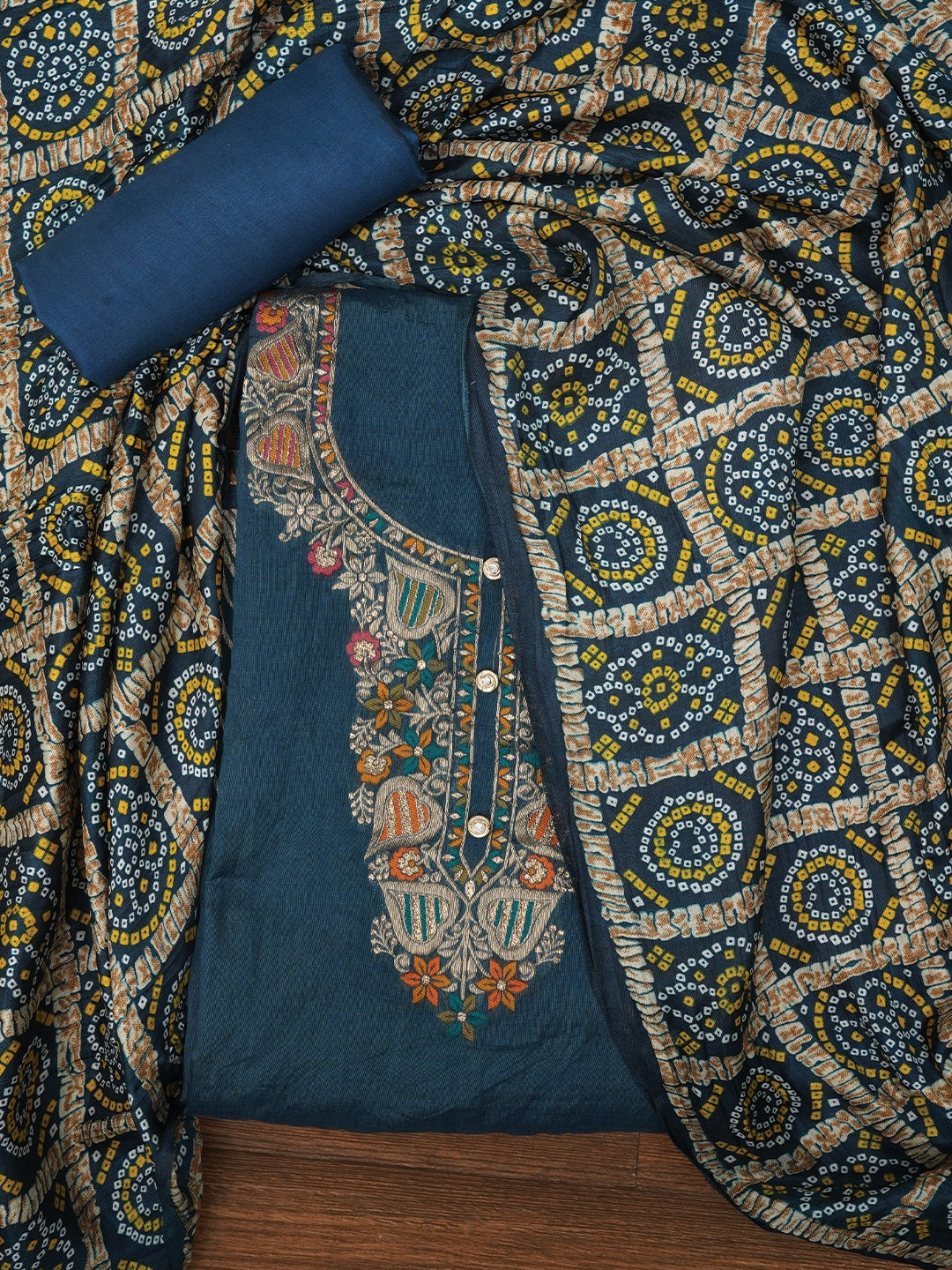 Teal Blue Unstitched Zari Silk Blend Dress Material With Dupatta