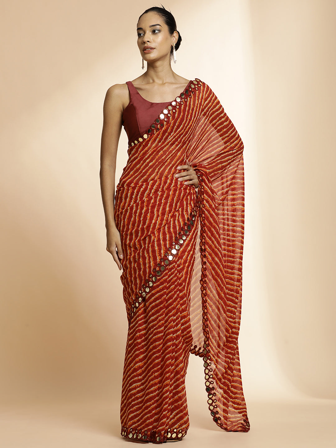 Chiffon Leheriya Mirror Work Saree
