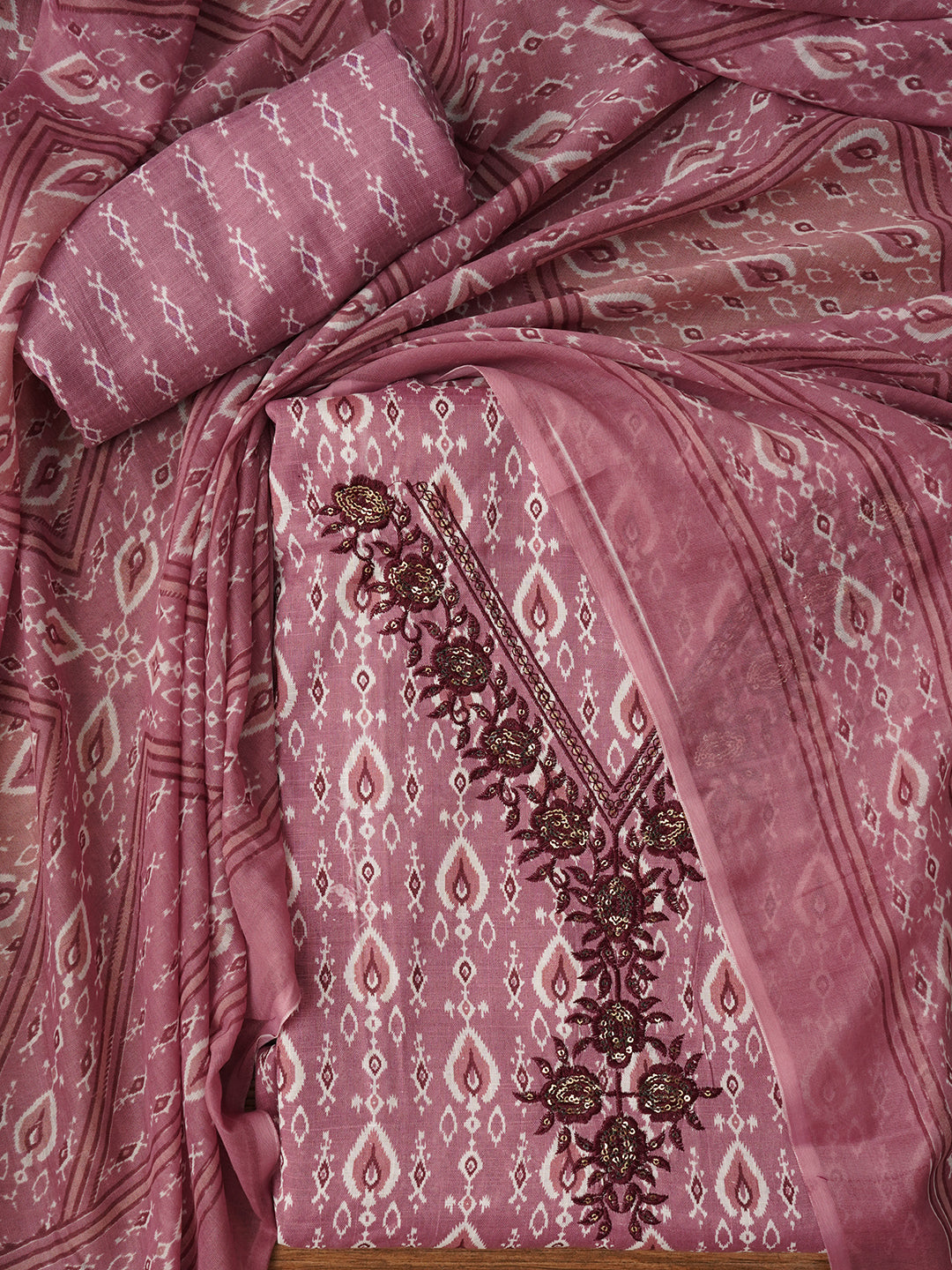 Purple Unstitched Printed Pure Cotton Dress Material With Dupatta