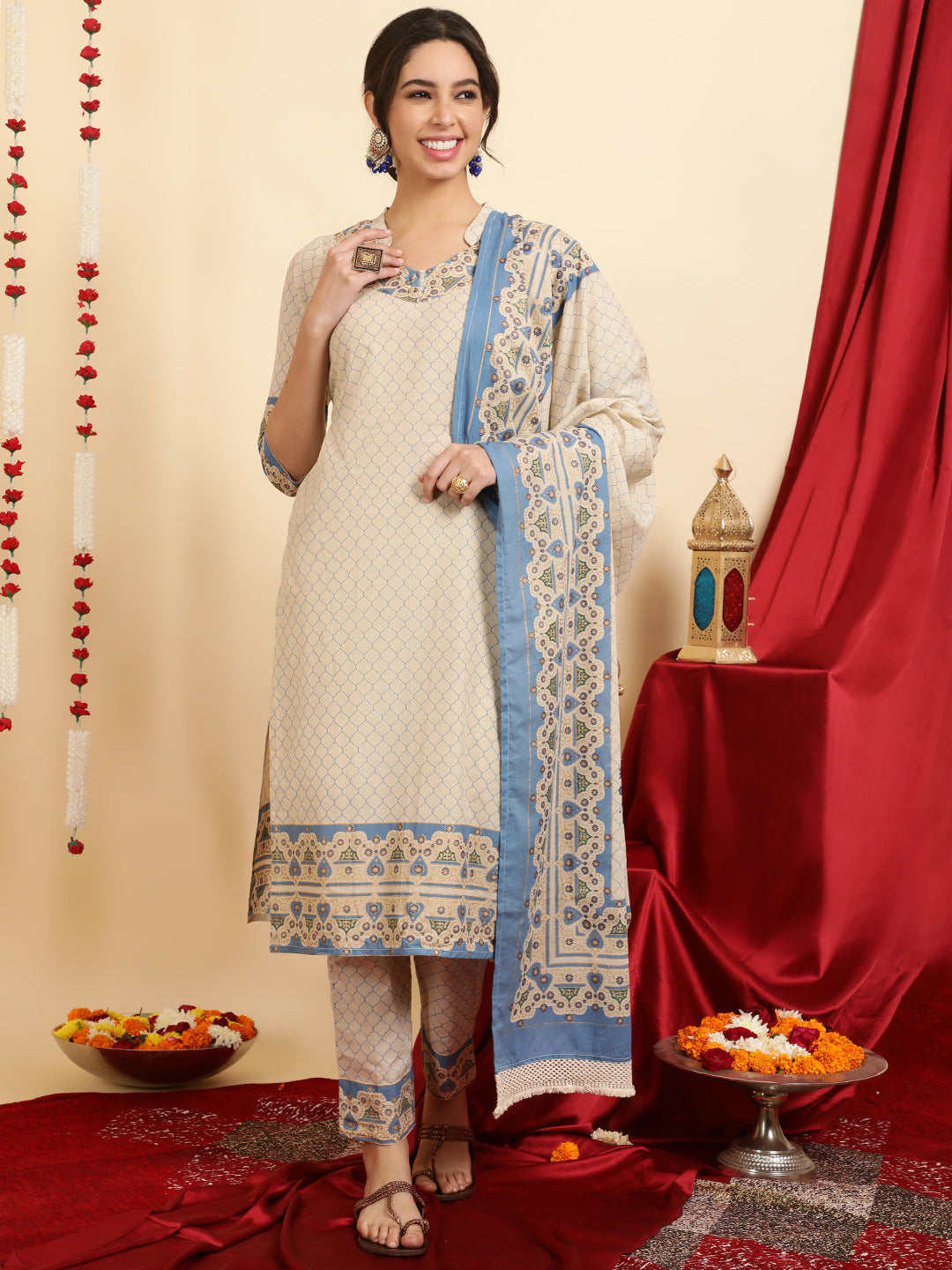 Ethnic Printed Blue Cotton Straight Kurta With Pants And Dupatta