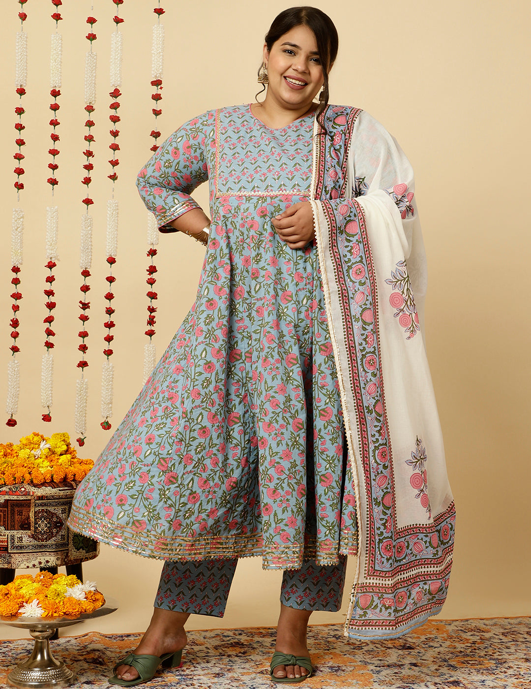 Plus Size Blue Ethnic Print Anarkali Kurta With Pants And Dupatta