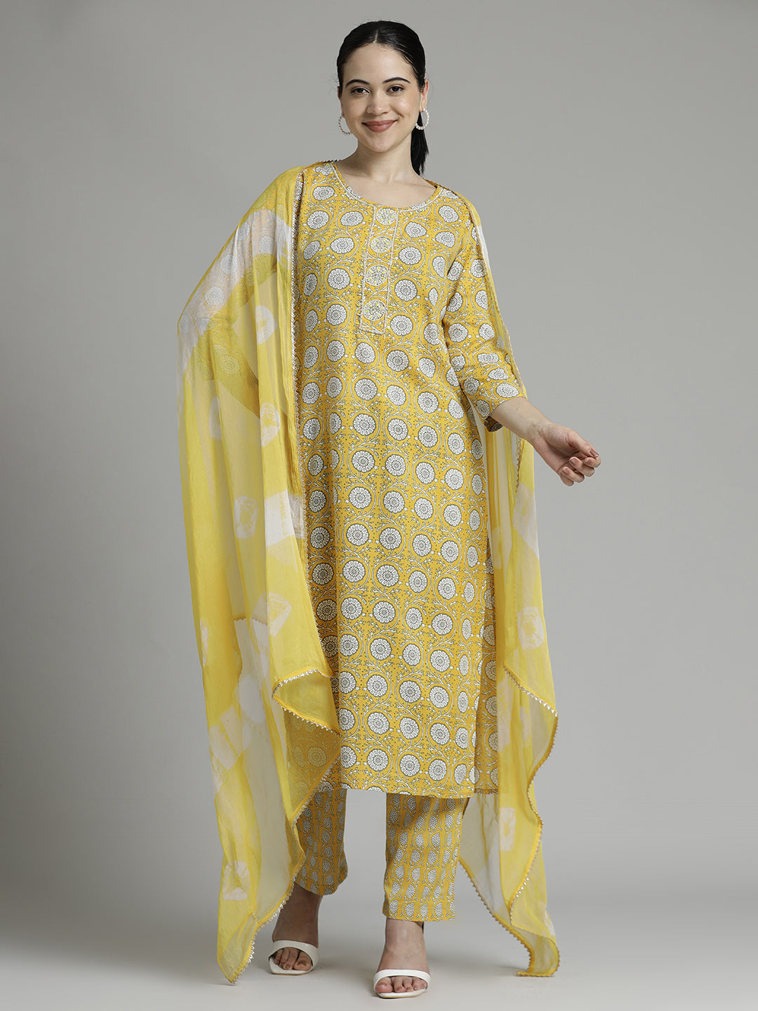 Yellow Ethnic Motif Cotton Kurta Set With Dupatta