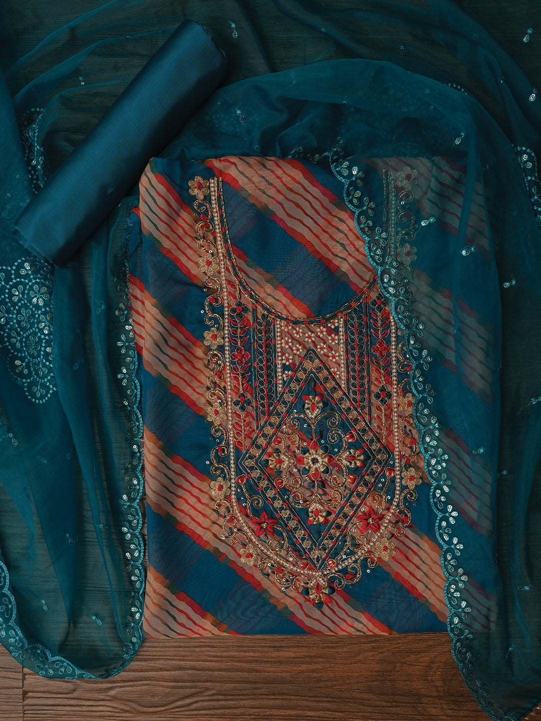 Sky Blue Floral Silk Zari Woven Dress Material with Dupatta