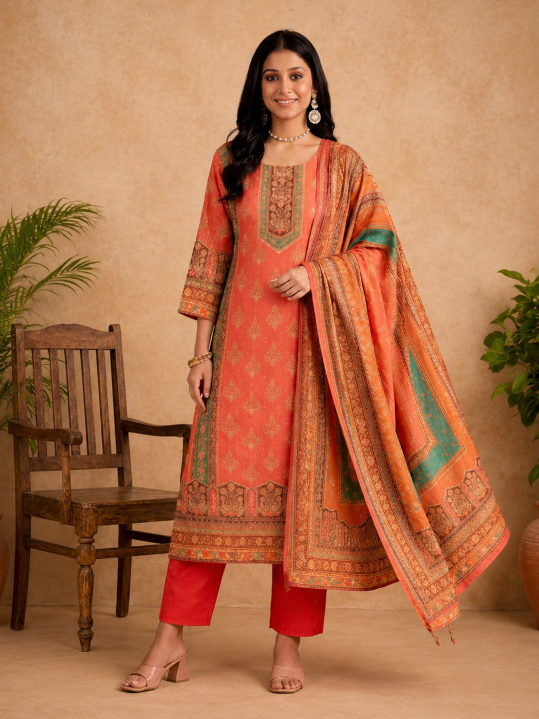 Ethnic Motifs Self Design Straight Kurta & Trousers Sets