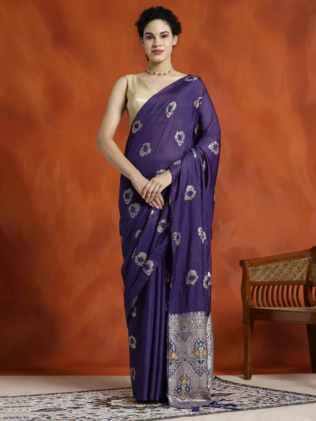 Navy Blue Silk Blend Banarasi Zari Woven Saree
