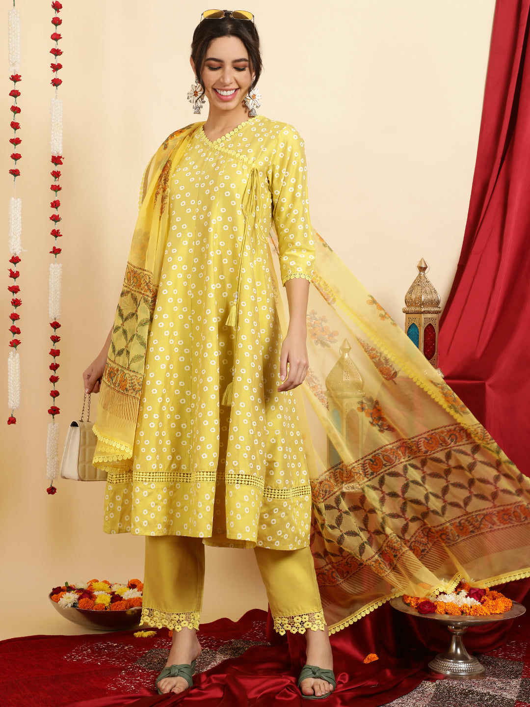 Festive Printed Anarkali Kurta Set With Handblock Dupatta